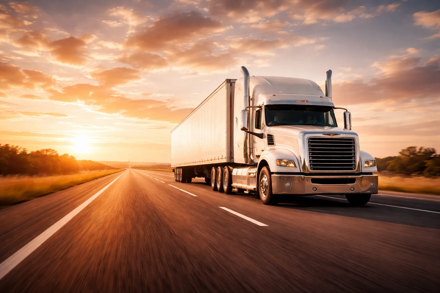 Cinematic wide angle image of a modern semi truck driving on an open highway at sunrise with golden light and a dramatic sky creating a powerful and inspiring scene