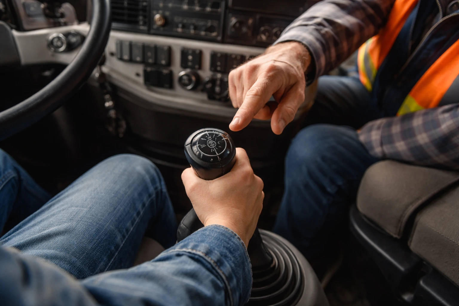 Student learning to shift gears in a manual semi-truck with instructor guidance, close-up of hands on gear stick inside cabin, realistic training scene