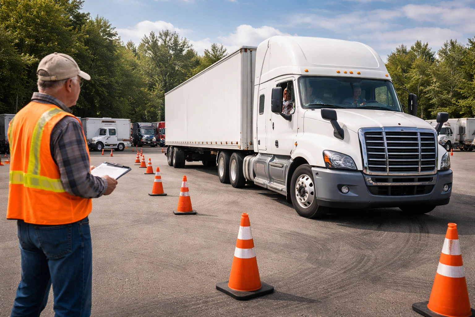 Experienced CDL student practicing truck backing maneuver in a training yard with cones, instructor observing outside, wide-angle realistic driving practice scene