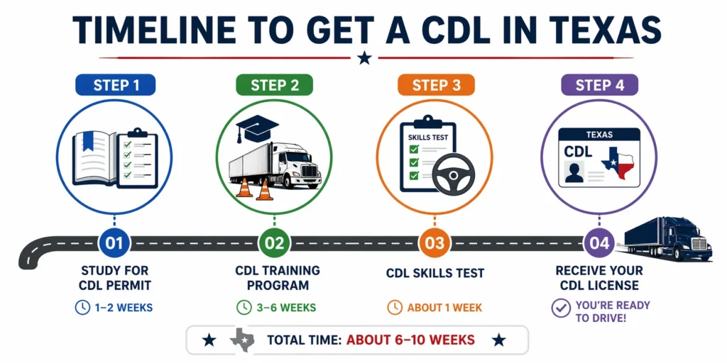 how long does it take to get a cdl timeline showing permit training test and license steps