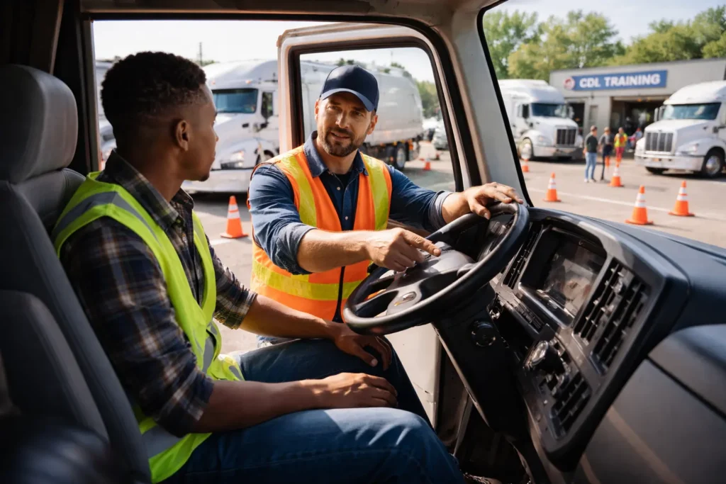 CDL training program with instructor teaching truck driving skills