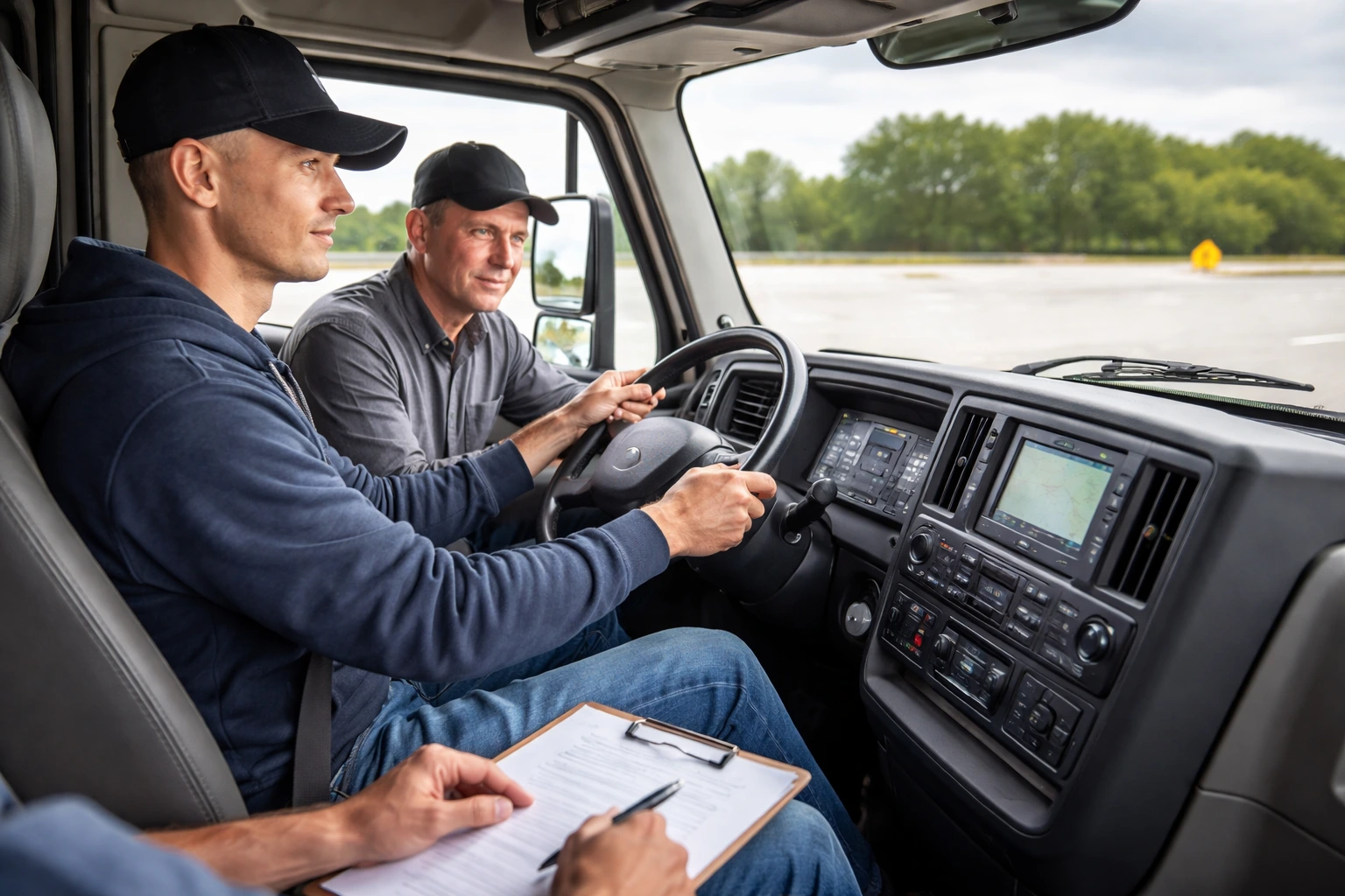 Student driver practicing class a cdl training in an automatic semi truck with instructor guidance inside the vehicle cabin