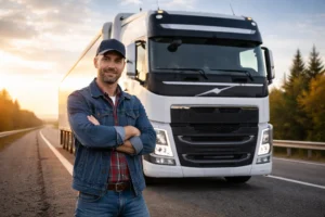 class a vs class b cdl professional truck driver standing beside semi truck on highway at sunrise