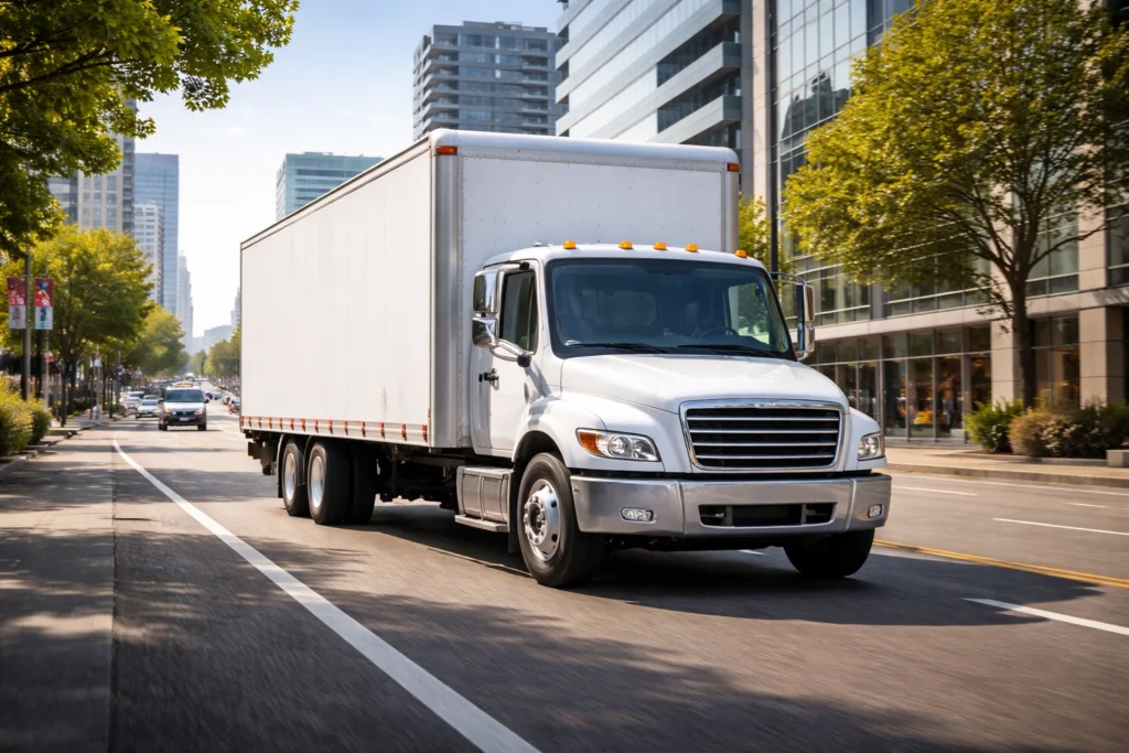 straight delivery truck driving through a clean urban street in daytime