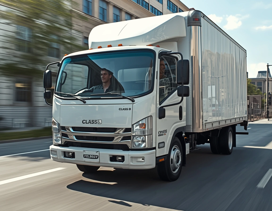 A white box truck labeled “Class B” driving through a city street, representing hands-on experience in class b cdl training programs.