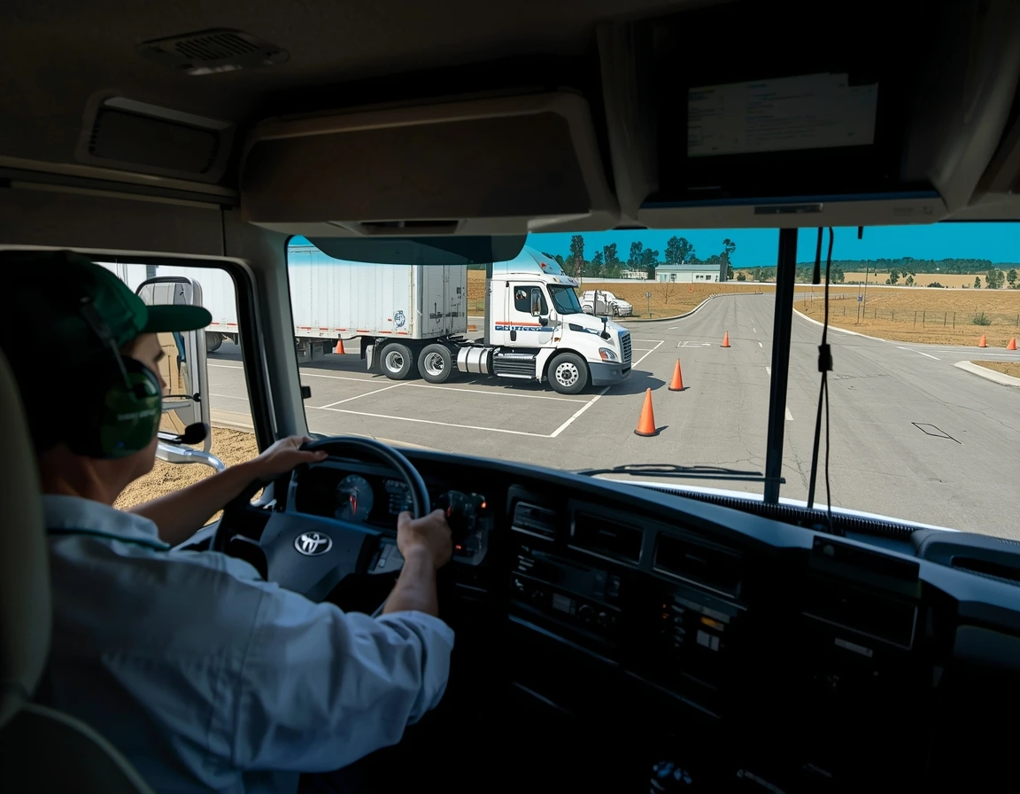 View from inside a truck cab of a trainee driver practicing maneuvering around cones while another semi-truck operates on a training course.