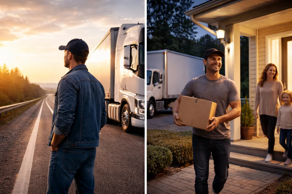 split image showing long haul truck driver on highway and local driver returning home to family