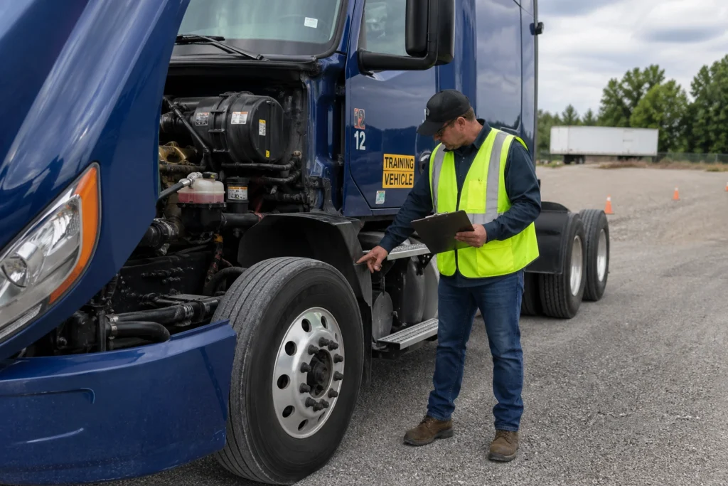 Truck driver in safety vest inspects semi truck tire and engine with hood open, holding clipboard in a training yard with cones