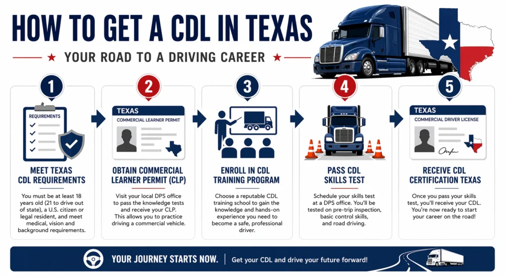 Horizontal infographic of 5 steps to get a CDL in Texas: requirements, permit, training, skills test, and certification.