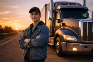 How old do you have to be to get your CDL young truck driver standing beside semi truck at sunrise