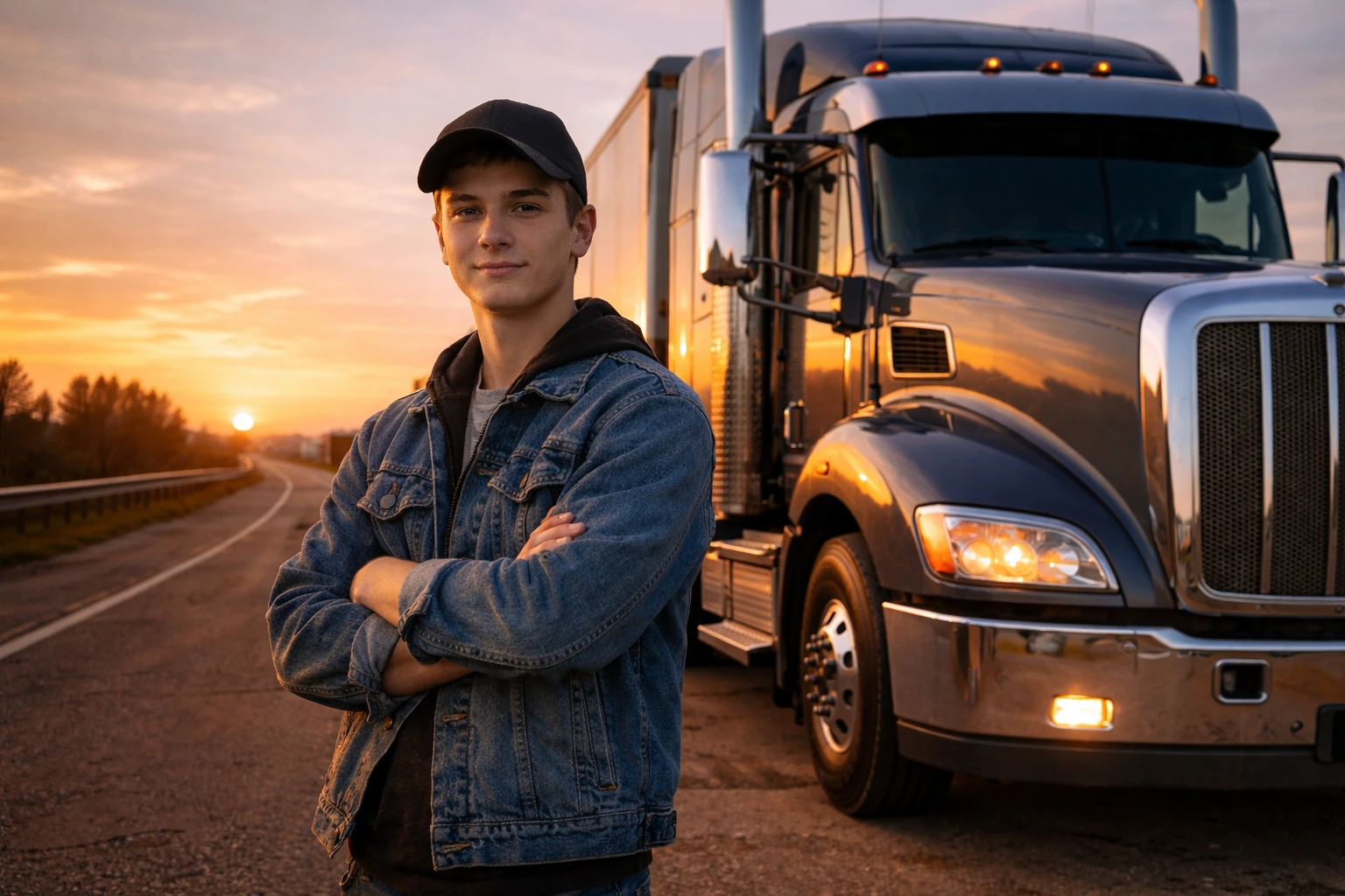 How old do you have to be to get your CDL young truck driver standing beside semi truck at sunrise