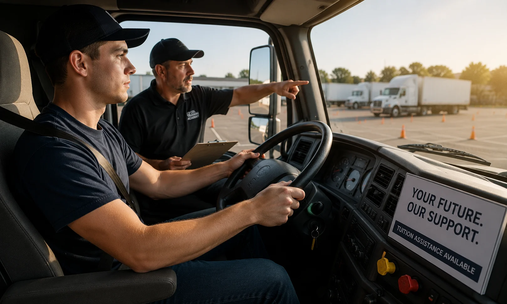 Student truck driver practicing during CDL training inside a commercial vehicle with instructor guidance and modern truck controls.