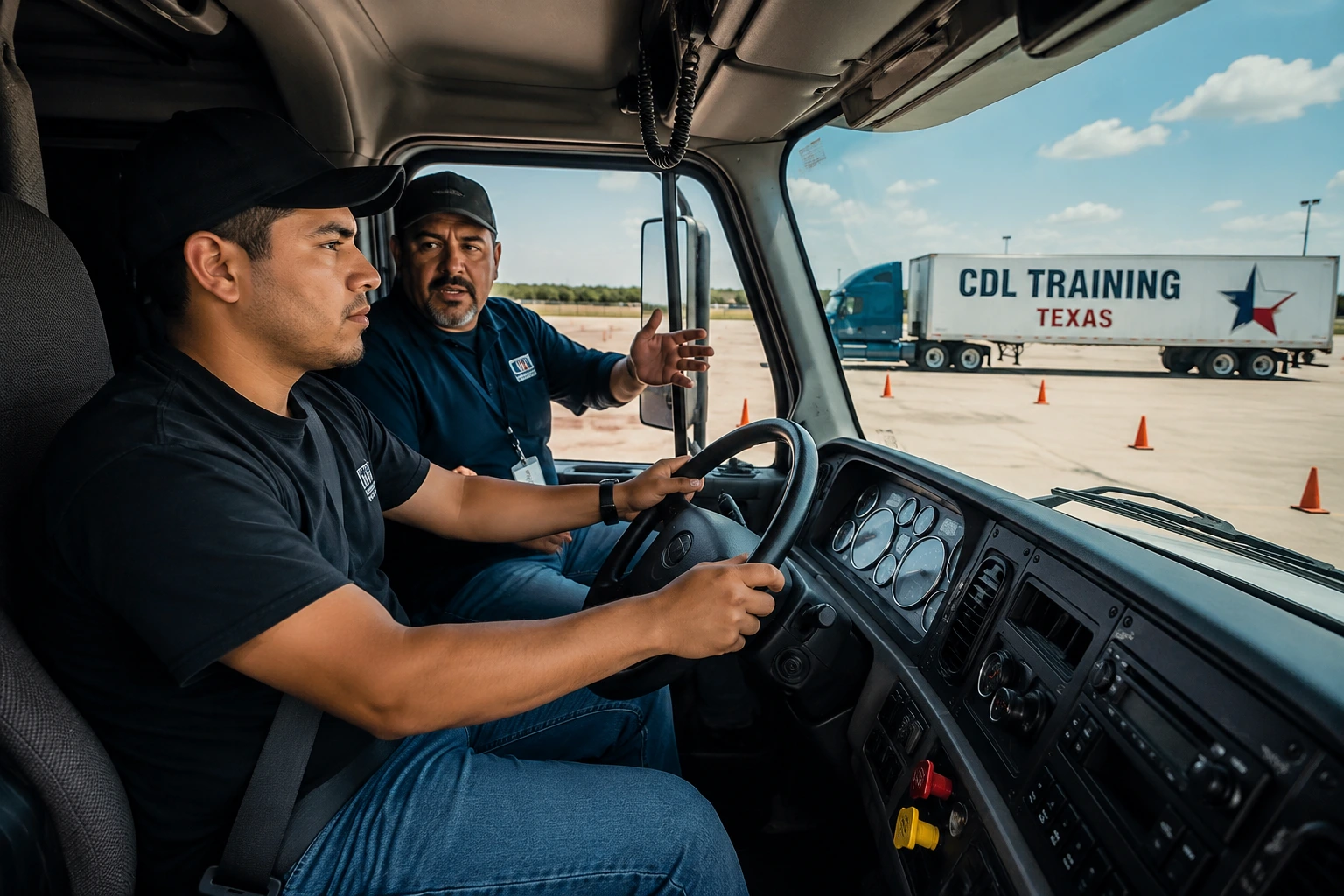 160 Hours of CDL Training student practicing commercial truck driving with instructor guidance inside a modern semi truck during hands on CDL school training in Texas