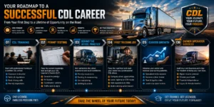 CDL career roadmap infographic showing CDL training, permit testing, behind the wheel practice, first trucking job, career growth, and owner operator success with realistic semi truck visuals and trucking career progression design.