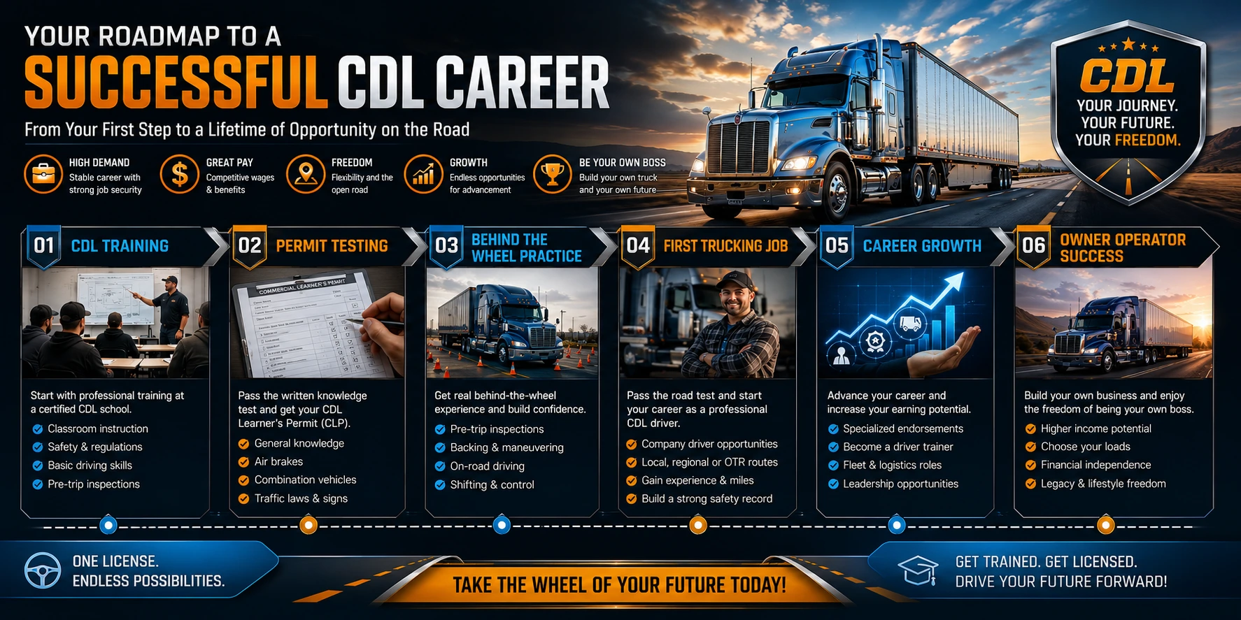 CDL career roadmap infographic showing CDL training, permit testing, behind the wheel practice, first trucking job, career growth, and owner operator success with realistic semi truck visuals and trucking career progression design.