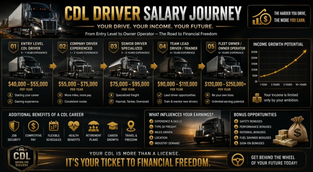 CDL driver salary journey infographic showing income growth from entry level truck driver to owner operator, including trucking career stages, salary ranges, bonuses, benefits, and financial growth opportunities with realistic semi truck visuals.