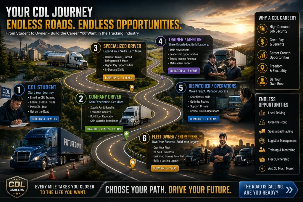 Road shaped CDL career growth infographic showing progression from CDL student to company driver, specialized driver, trainer, dispatcher, and fleet owner with realistic semi truck visuals and modern trucking career roadmap design.