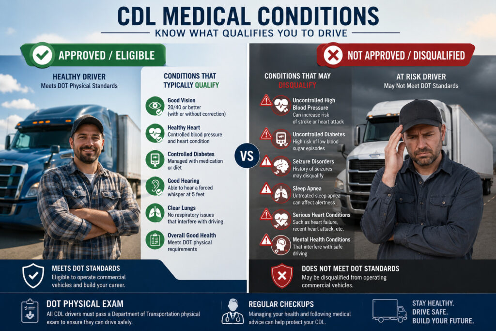 CDL medical conditions infographic showing approved and disqualified health issues for commercial truck driver eligibility.