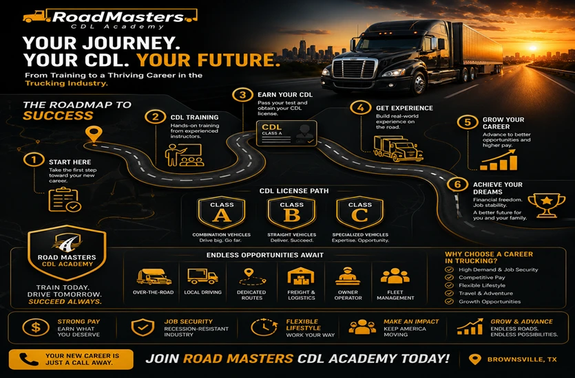 Trucking career roadmap infographic showing CDL training journey, commercial driving career growth, Class A and Class B CDL pathways, freight and logistics opportunities, career advancement milestones, and professional truck driver success at RoadMasters CDL Academy in Brownsville, Texas.