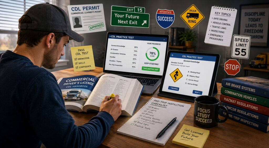 Commercial driver studying CDL handbook with digital practice tests, road signs, permit preparation materials, and CDL exam study setup.