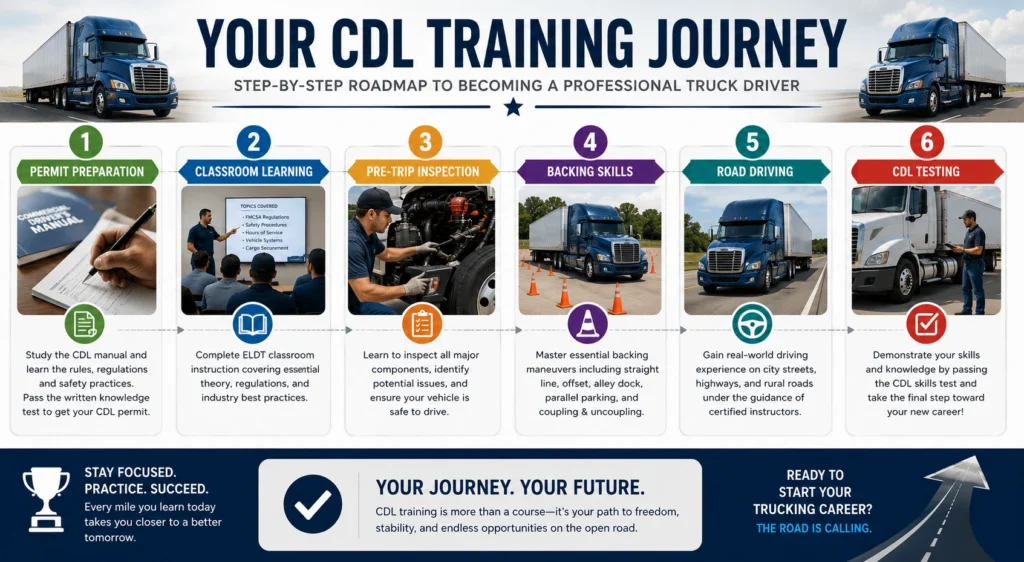 Step by step CDL training journey infographic showing permit preparation, classroom learning, pre trip inspection, backing skills, road driving, and CDL testing during 160 Hours of CDL Training for future truck drivers in Texas