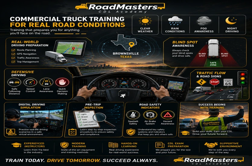 Commercial truck training infographic showing real-road CDL preparation, defensive driving skills, blind spot awareness, weather condition training, digital driving simulation, road safety indicators, and CDL exam preparation at RoadMasters CDL Academy in Brownsville.