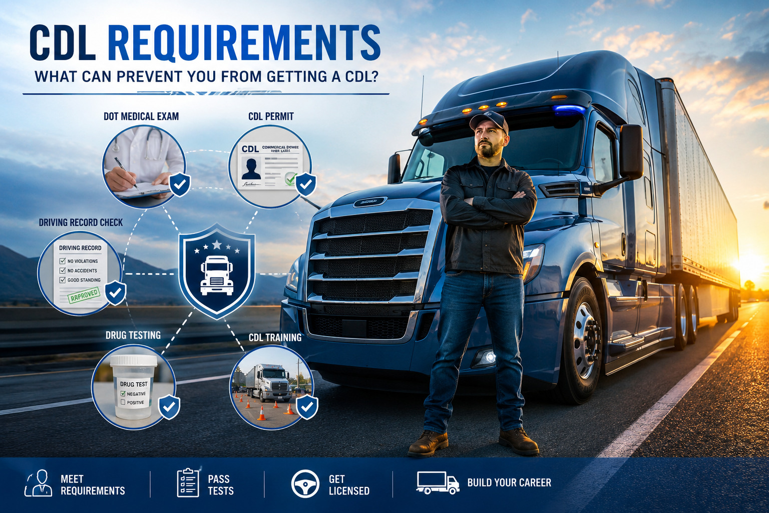 CDL Requirements infographic featuring a commercial truck driver beside a semi truck with visuals showing DOT medical exam, CDL permit, driving record check, drug testing, and CDL training steps.