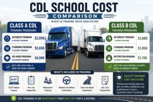 CDL school cost comparison infographic showing Class A and Class B CDL training program prices and tuition details