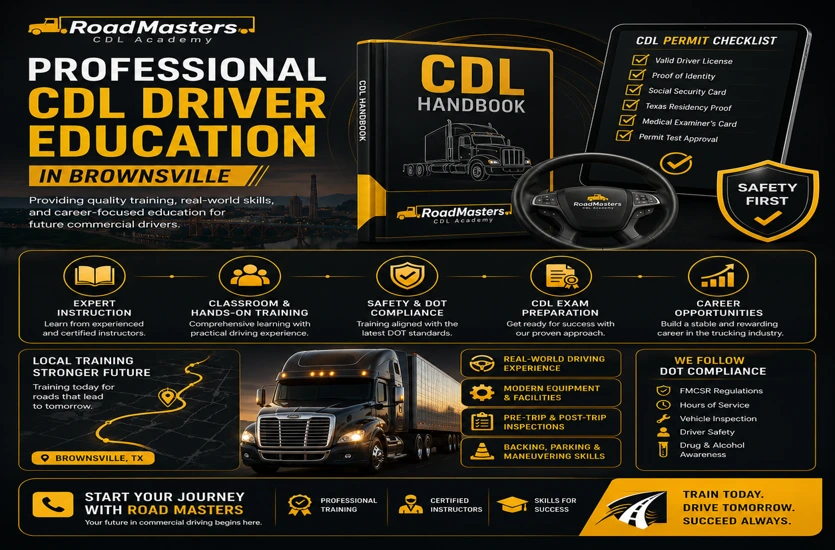 Professional infographic for Truck Driving School In Brownsville featuring CDL driver education, permit checklist, DOT safety compliance, hands-on CDL training, career preparation, and commercial trucking industry learning elements in a modern black and gold design.