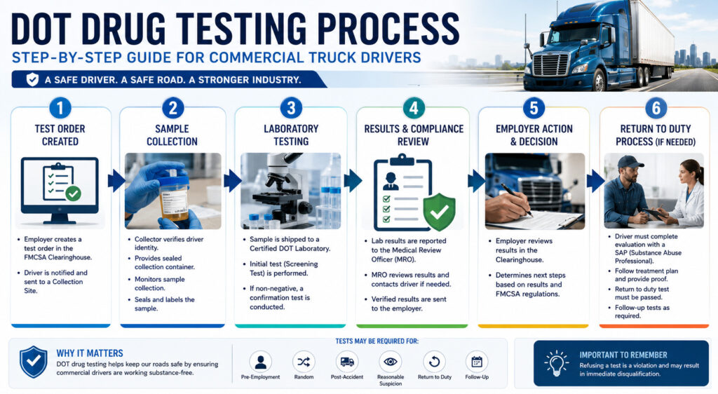 DOT drug testing process infographic for CDL drivers showing sample collection, lab testing, compliance review, employer action, and return to duty steps.