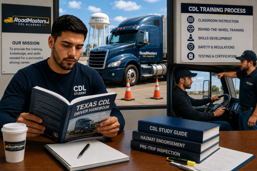 CDL student studying Texas CDL handbook at RoadMasters CDL Academy with semi truck training, classroom instruction, and behind the wheel practice.
