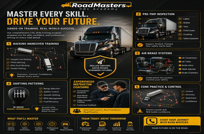 CDL skills training infographic featuring backing maneuver practice, pre-trip inspection procedures, air brake system education, shifting pattern instruction, instructor coaching, cone control exercises, and hands-on commercial driver training at RoadMasters CDL Academy.