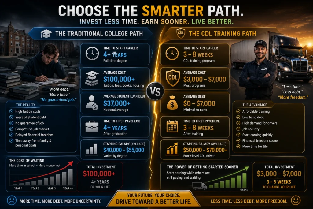 College vs CDL training infographic comparing education costs, training time, student debt, salary potential, and career start speed, featuring traditional college student and professional CDL truck driver career path comparison with realistic trucking visuals.