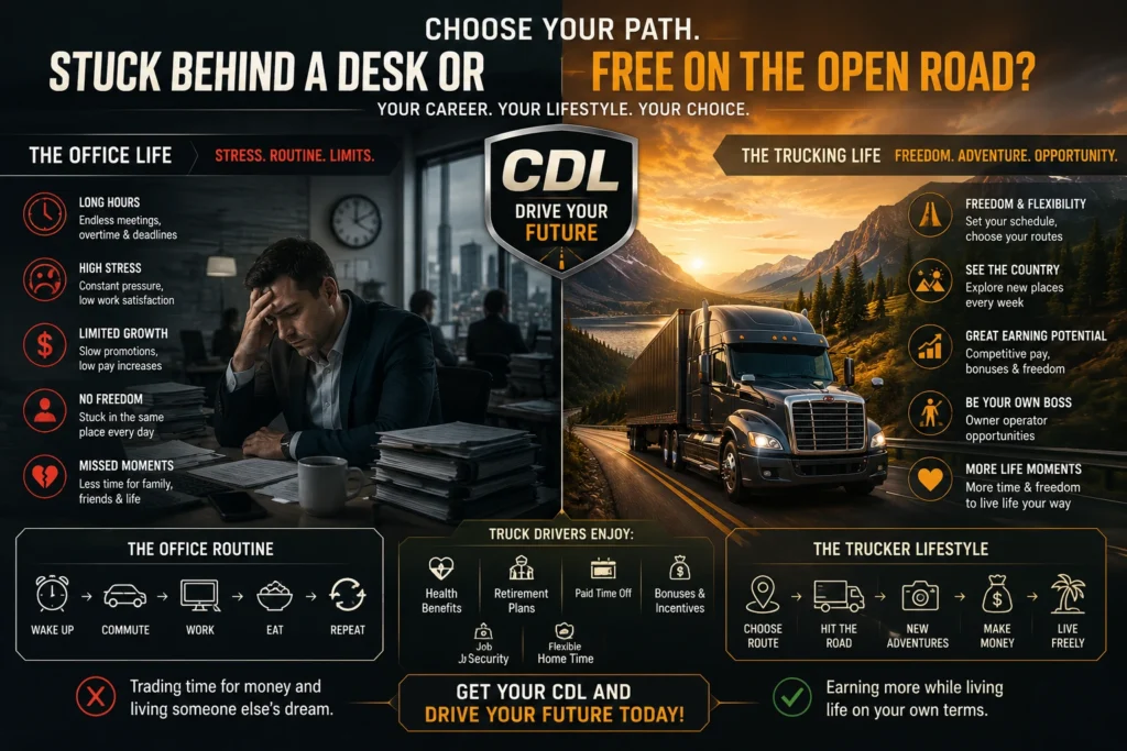 Office job vs truck driving lifestyle infographic showing stressed office worker compared to CDL truck driver freedom, featuring career flexibility, travel opportunities, higher earning potential, and trucking lifestyle benefits with realistic semi truck visuals.