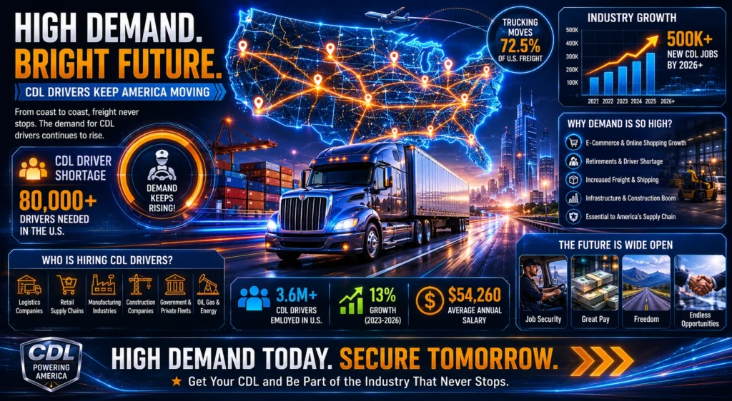 High demand CDL driver infographic featuring glowing USA freight routes map, semi truck on highway, trucking industry growth charts, CDL driver shortage statistics, logistics industry visuals, and modern transportation career opportunities design.