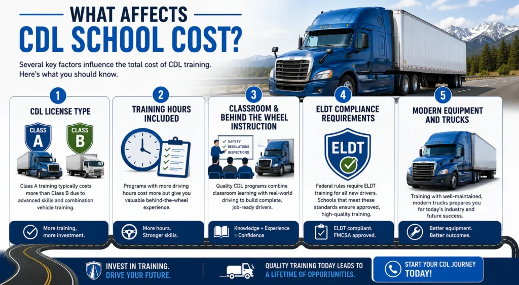 CDL cost infographic explaining factors that affect CDL school tuition, training programs, ELDT requirements, and commercial driver training expenses