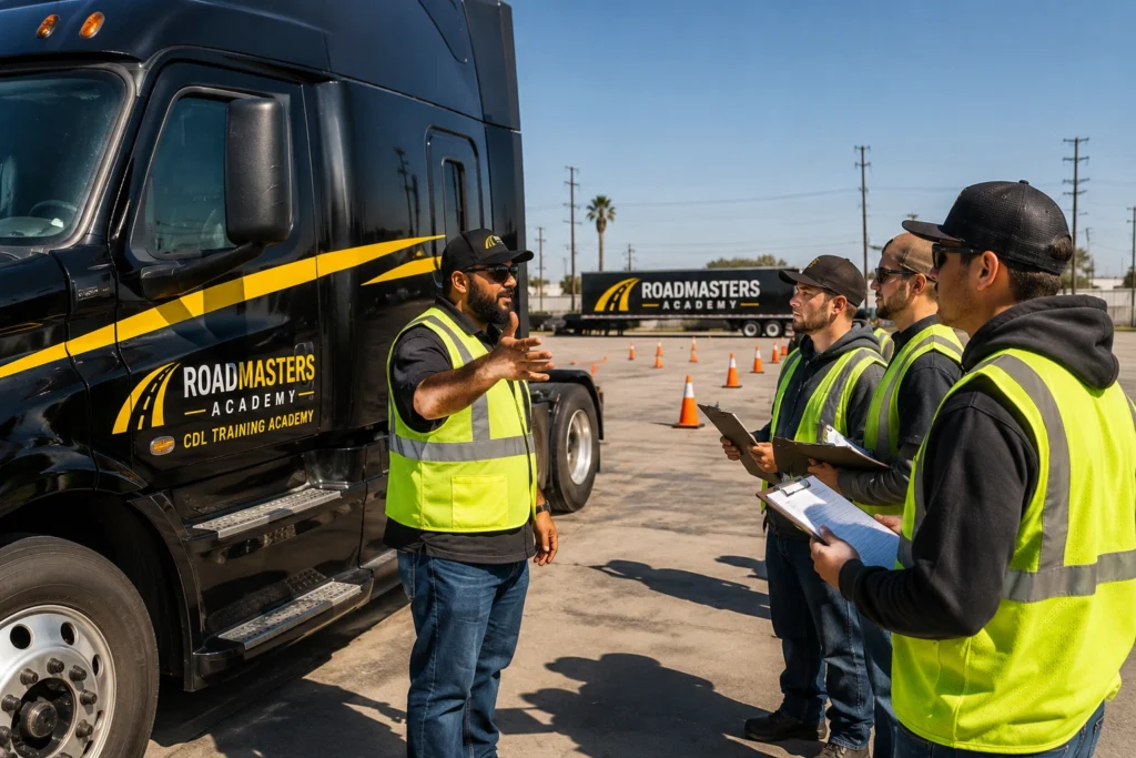CDL instructor teaching commercial truck driving students at a trucking school training yard