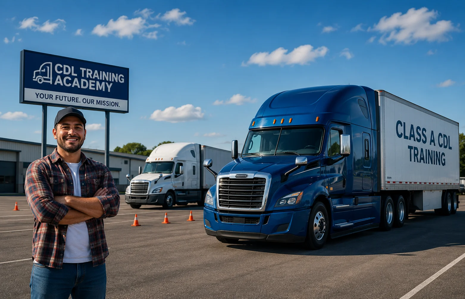 Professional class a cdl training at a CDL training academy featuring a confident future truck driver, modern semi trucks, and a realistic commercial driving school training yard under a clear blue sky.