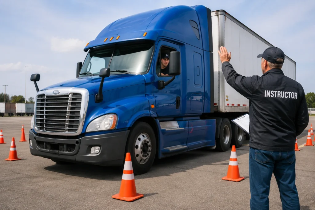 Class A CDL training student practicing semi truck driving with instructor guidance on a professional CDL training range