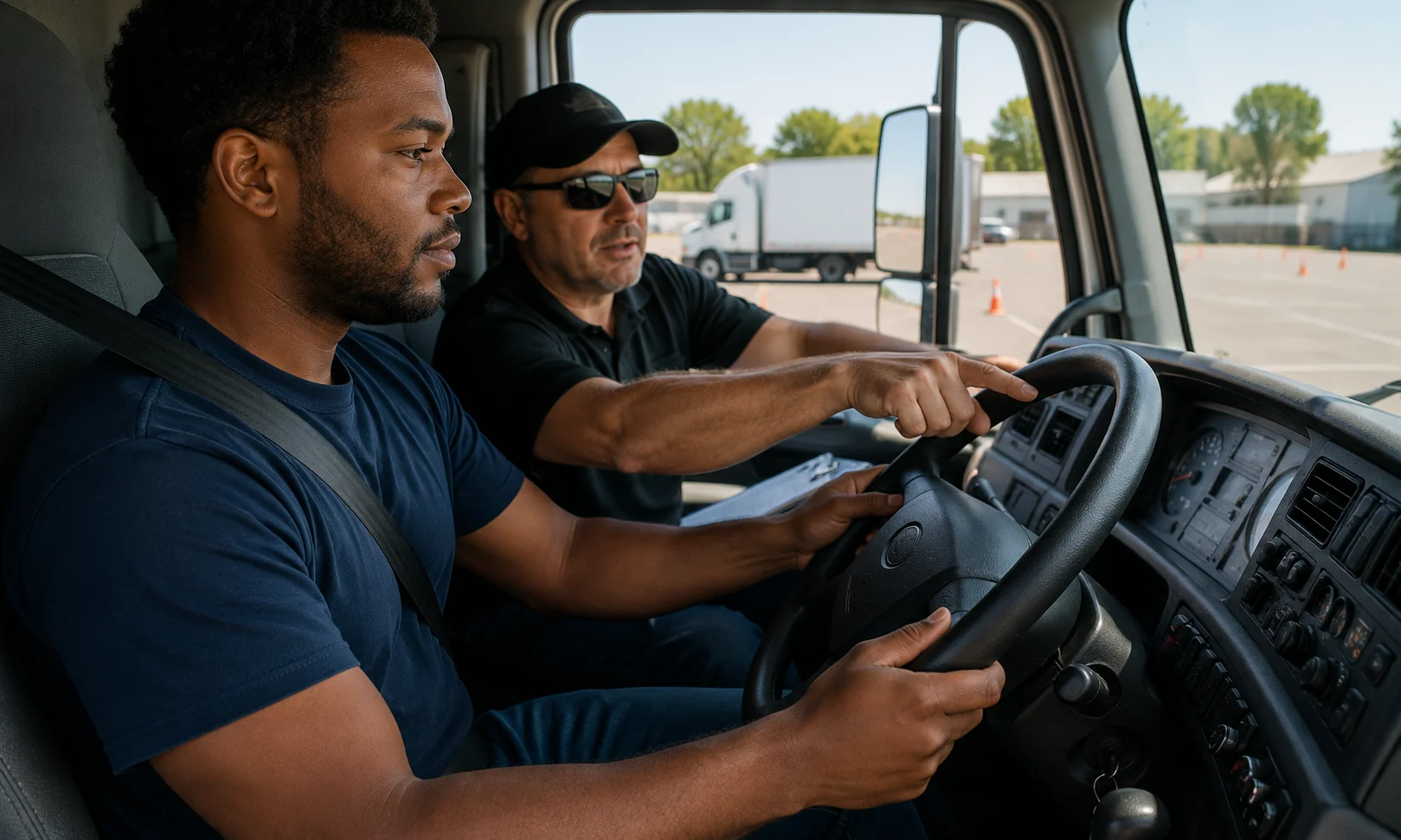 Student participating in class b cdl training inside a commercial truck cabin with instructor guidance, modern dashboard controls, realistic driving school environment, and professional transportation career training atmosphere.