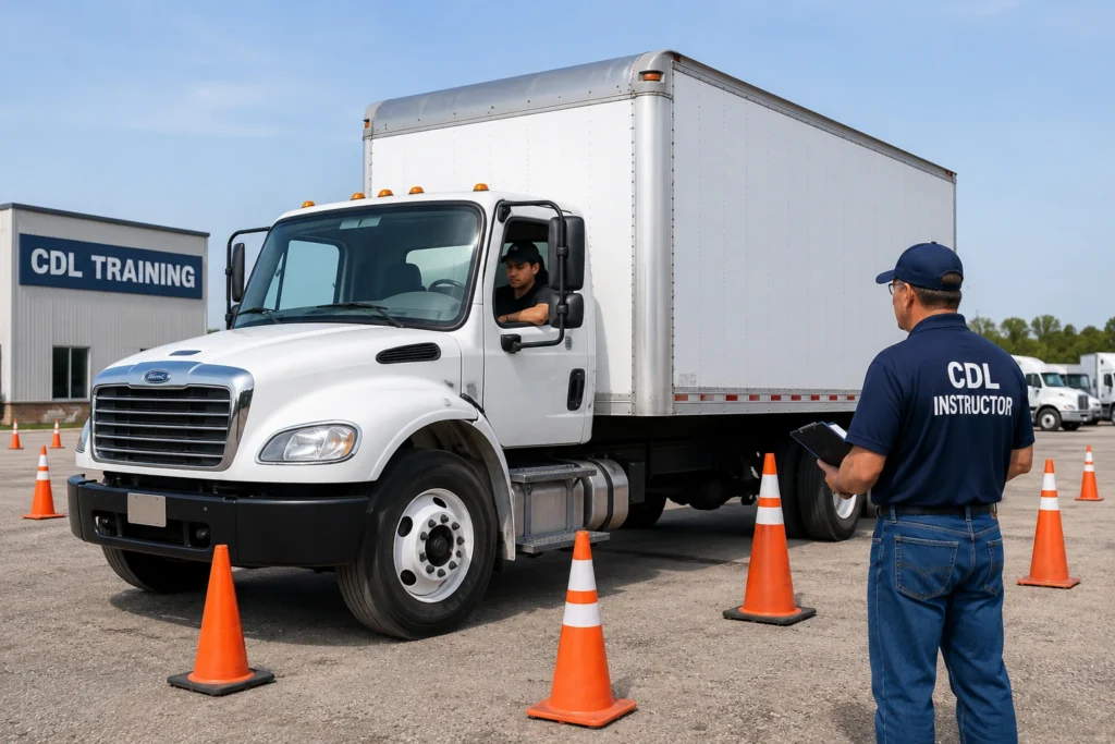 Class B CDL training student practicing straight truck driving with instructor supervision in a commercial driving training yard