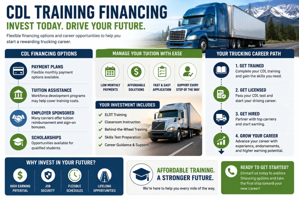 Tuition for CDL training infographic showing financing options, payment plans, tuition assistance, and trucking career growth opportunities