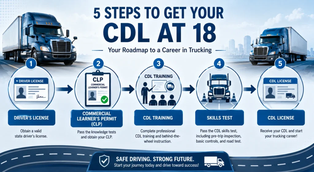 Infographic showing the five steps to get a CDL at 18, including driver's license, commercial learner's permit (CLP), CDL training, skills test, and CDL license.