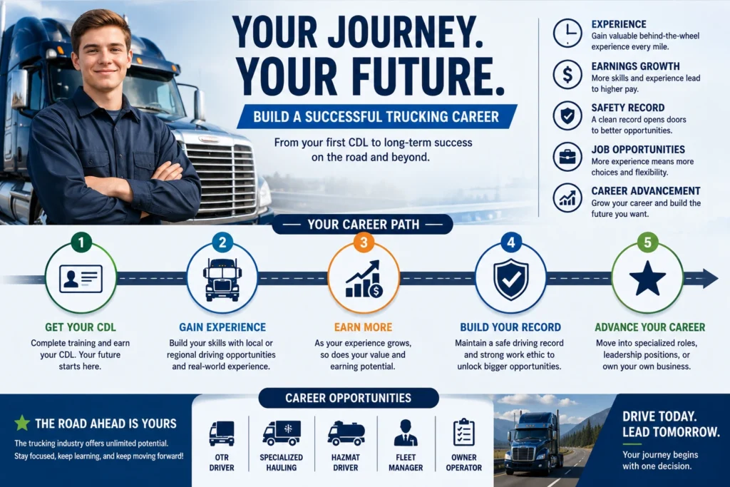 Truck driving career growth infographic showing a CDL driver's journey from earning a CDL to gaining experience, increasing earnings, building a safety record, and advancing career opportunities.