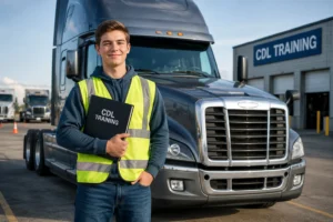 Can you get a CDL at 18? Young truck driving student standing beside a semi-truck at a CDL training facility preparing for a trucking career.