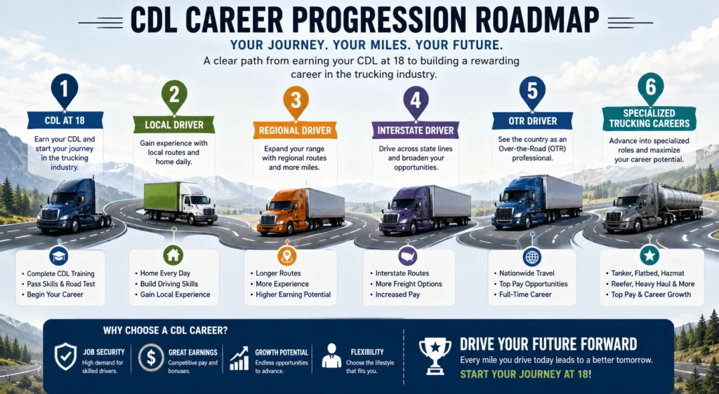 CDL career progression roadmap infographic showing the path from earning a CDL at 18 to local driver, regional driver, interstate driver, OTR driver, and specialized trucking careers.