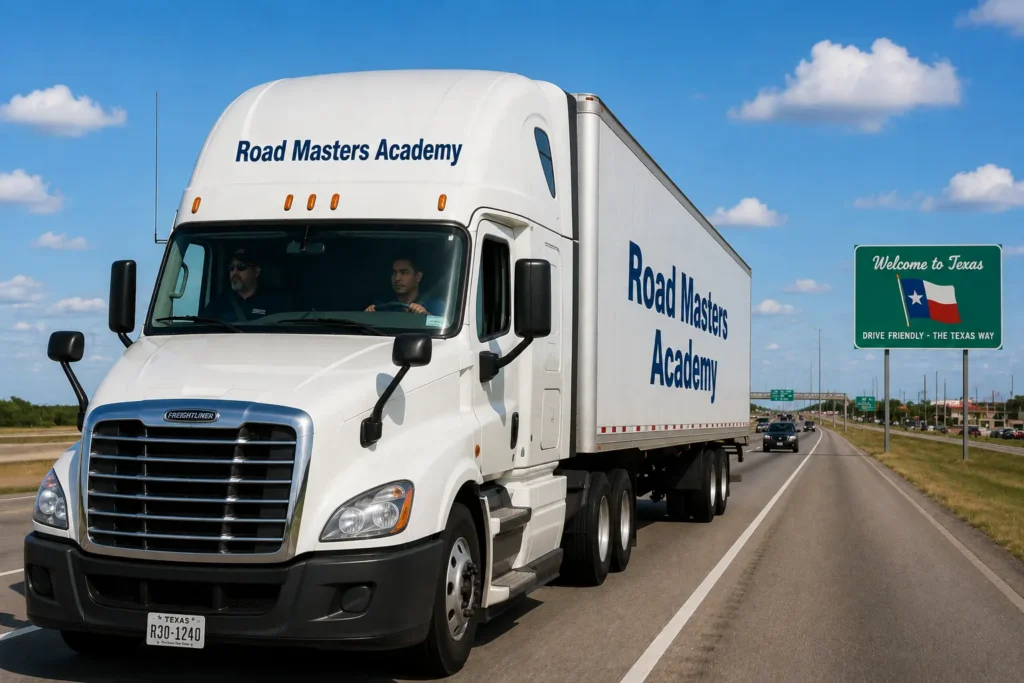 CDL student driving a semi-truck on highway during road training in Brownsville Texas