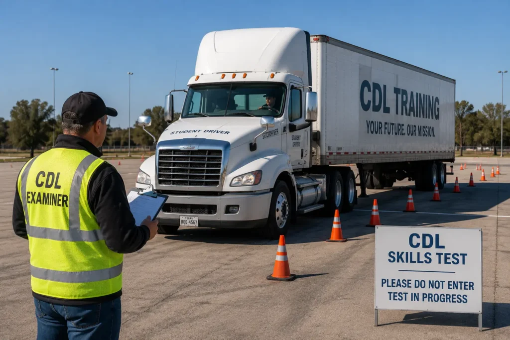 Commercial driver completing a CDL skills test during certification process