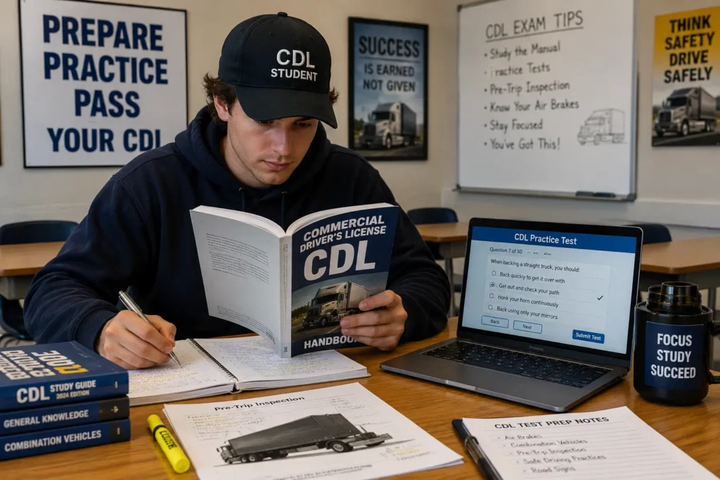 Student preparing for CDL knowledge exam with CDL practice tests and study materials