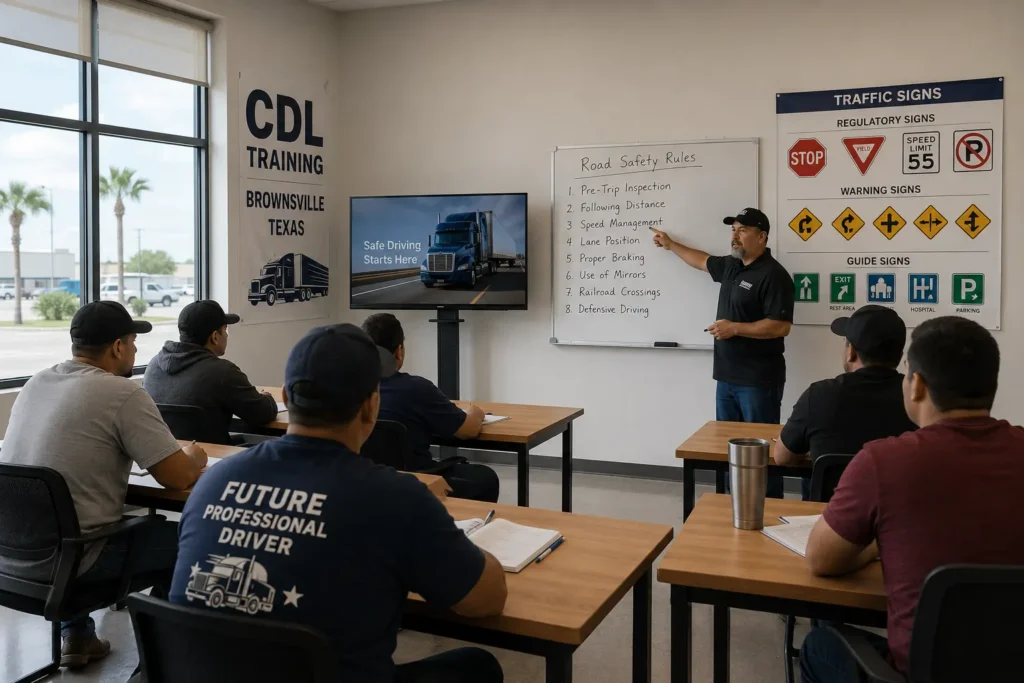 CDL students learning road safety rules in a classroom during CDL training in Brownsville TX